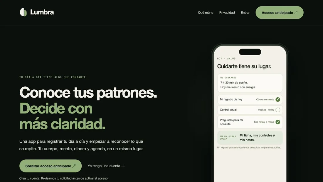 Captura de la página pública de Lumbra